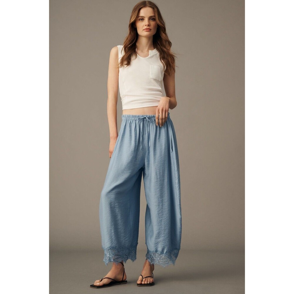 Anthropologie Reverie Lace Trim Tapered Pants Blue L NEW